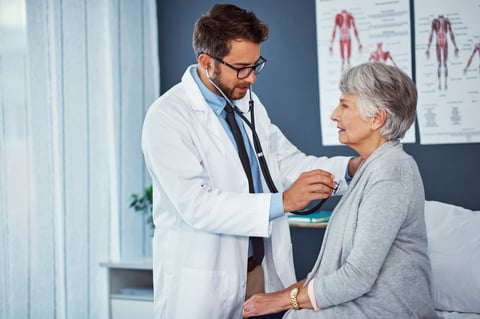 Shot of a doctor examining a senior patient with a stethoscope in a clinic