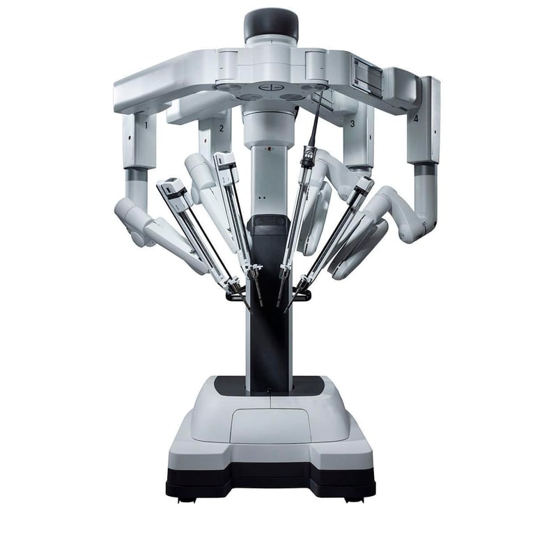 Surgical robotic system with multiple articulated arms mounted on white base and black pedestal