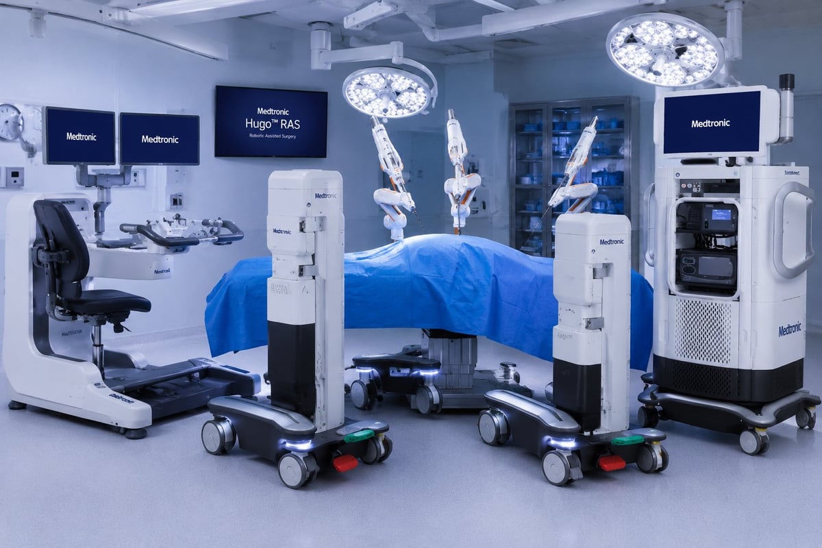 High-tech surgical operating room with robotic surgical arms, overhead lights, monitoring displays, and an operator console positioned beside a blue-draped patient platform.